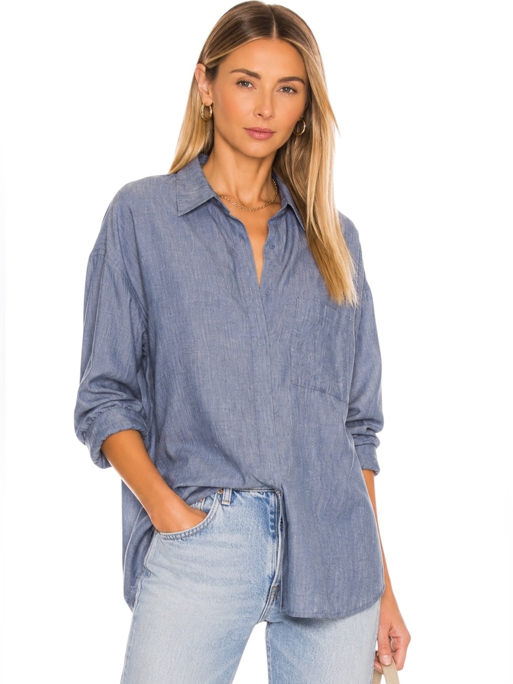 Vince Cotton Wool Blend Chambray Snap Button Shirt Blue Size XS